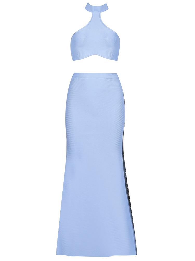 Backless Blue Round Neck Two Piece Gowns Dresses