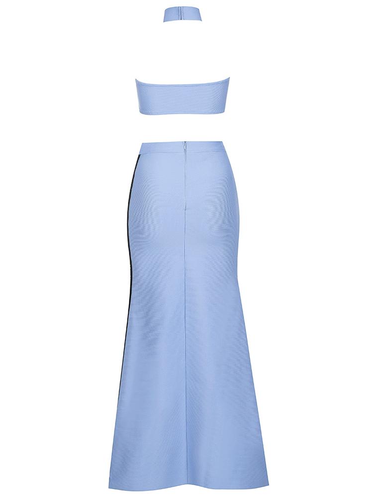 Backless Blue Round Neck Two Piece Gowns Dresses