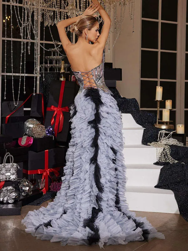 Backless Off-the-Shoulder Strapless Mesh Pleated Maxi Dress