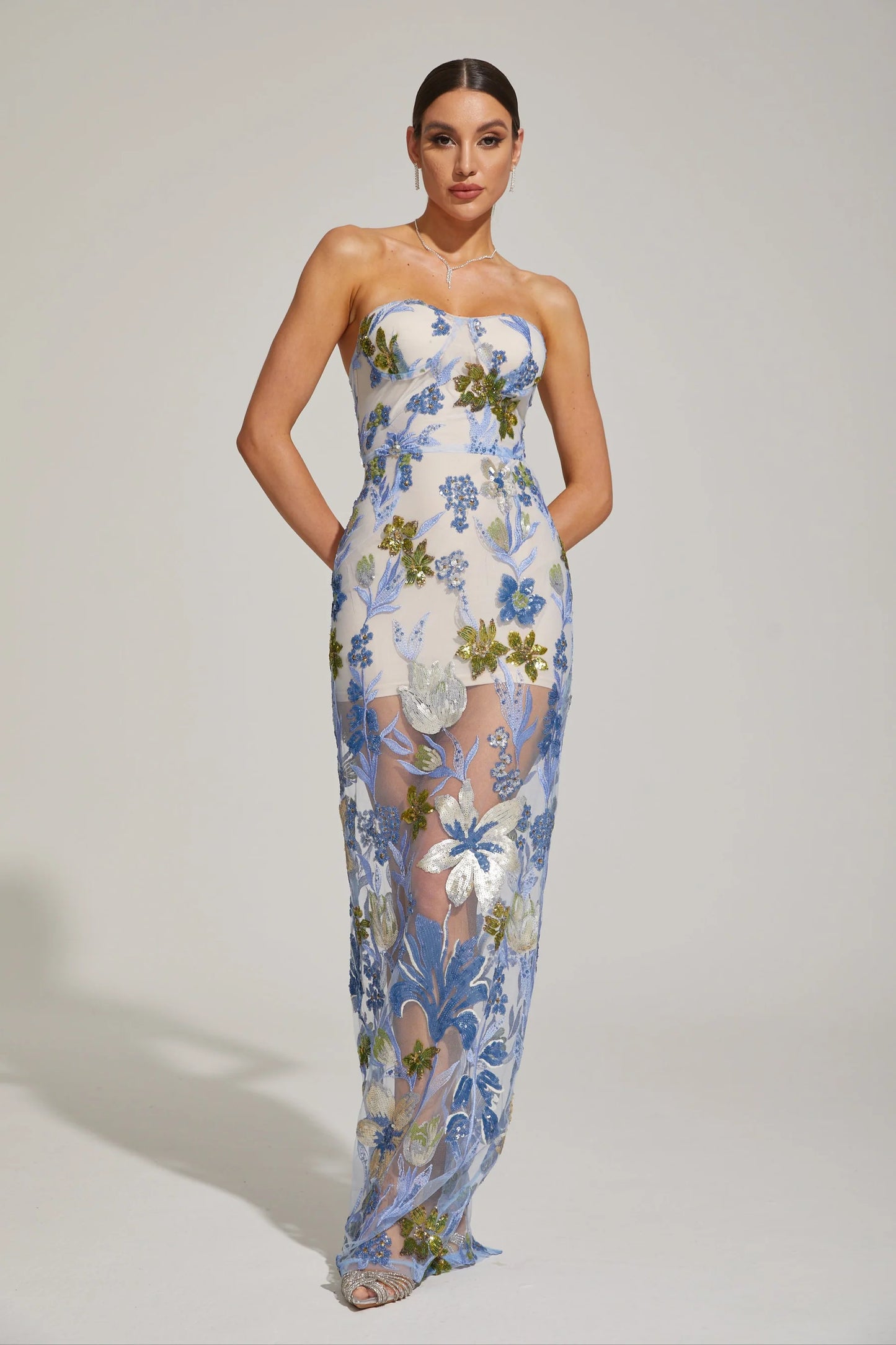 Floral Embroidered Strapless Maxi Dress