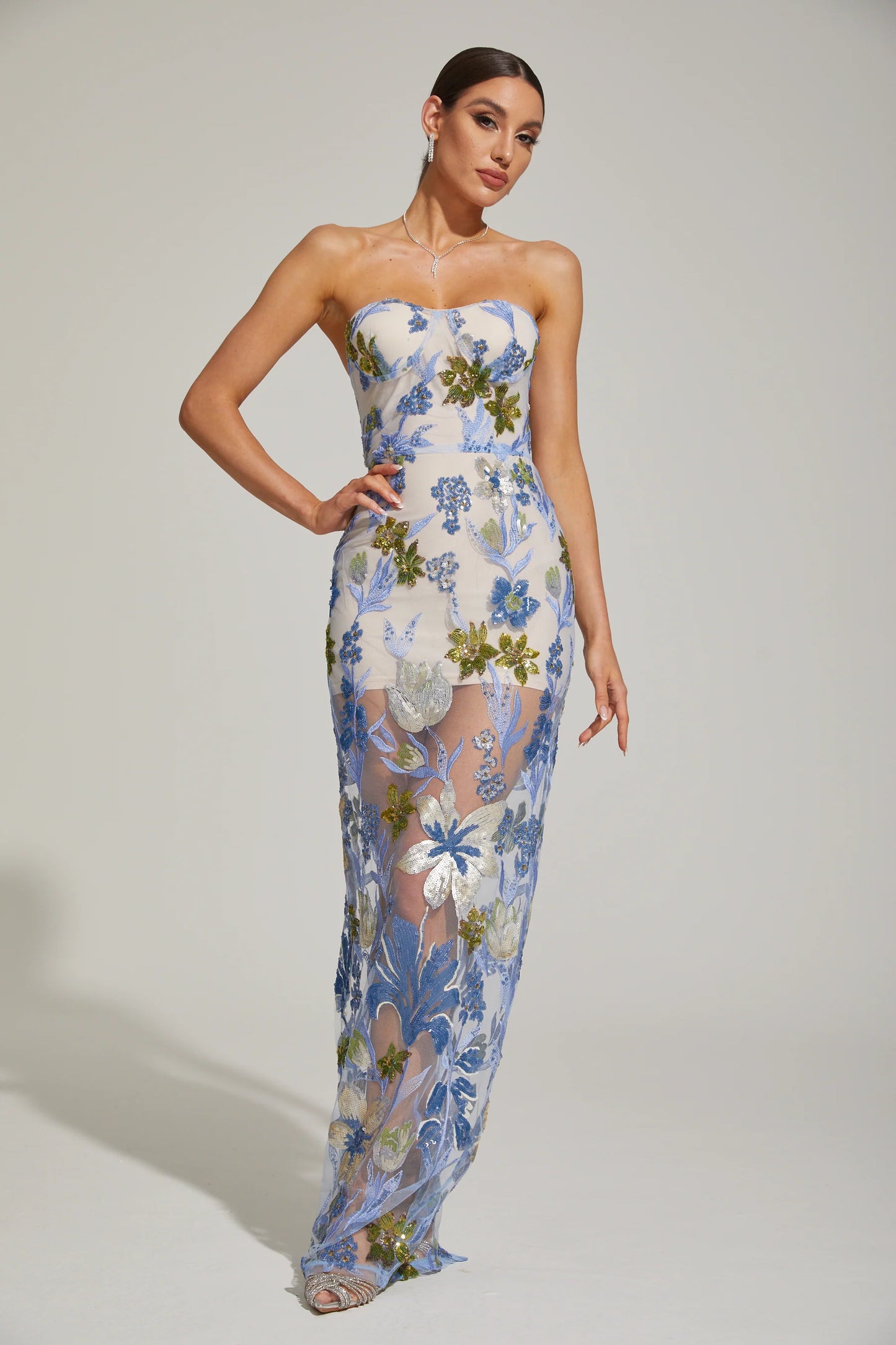 Floral Embroidered Strapless Maxi Dress