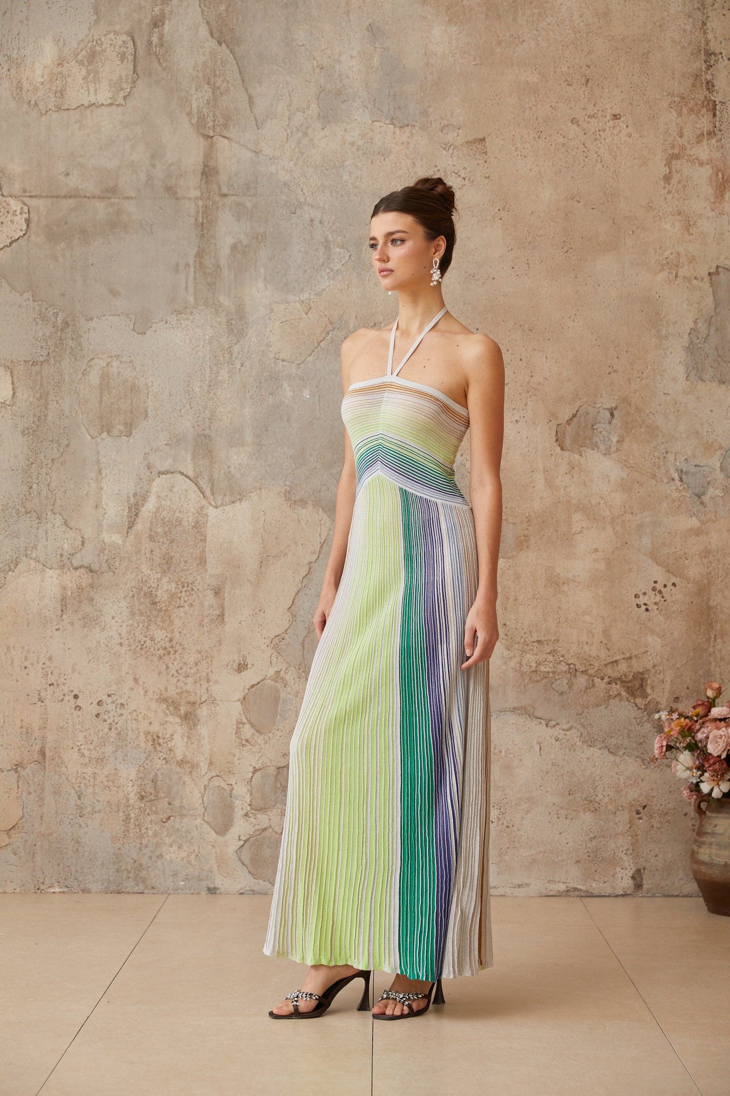 Multicolored Metallic Knit Halterneck Maxi Dress
