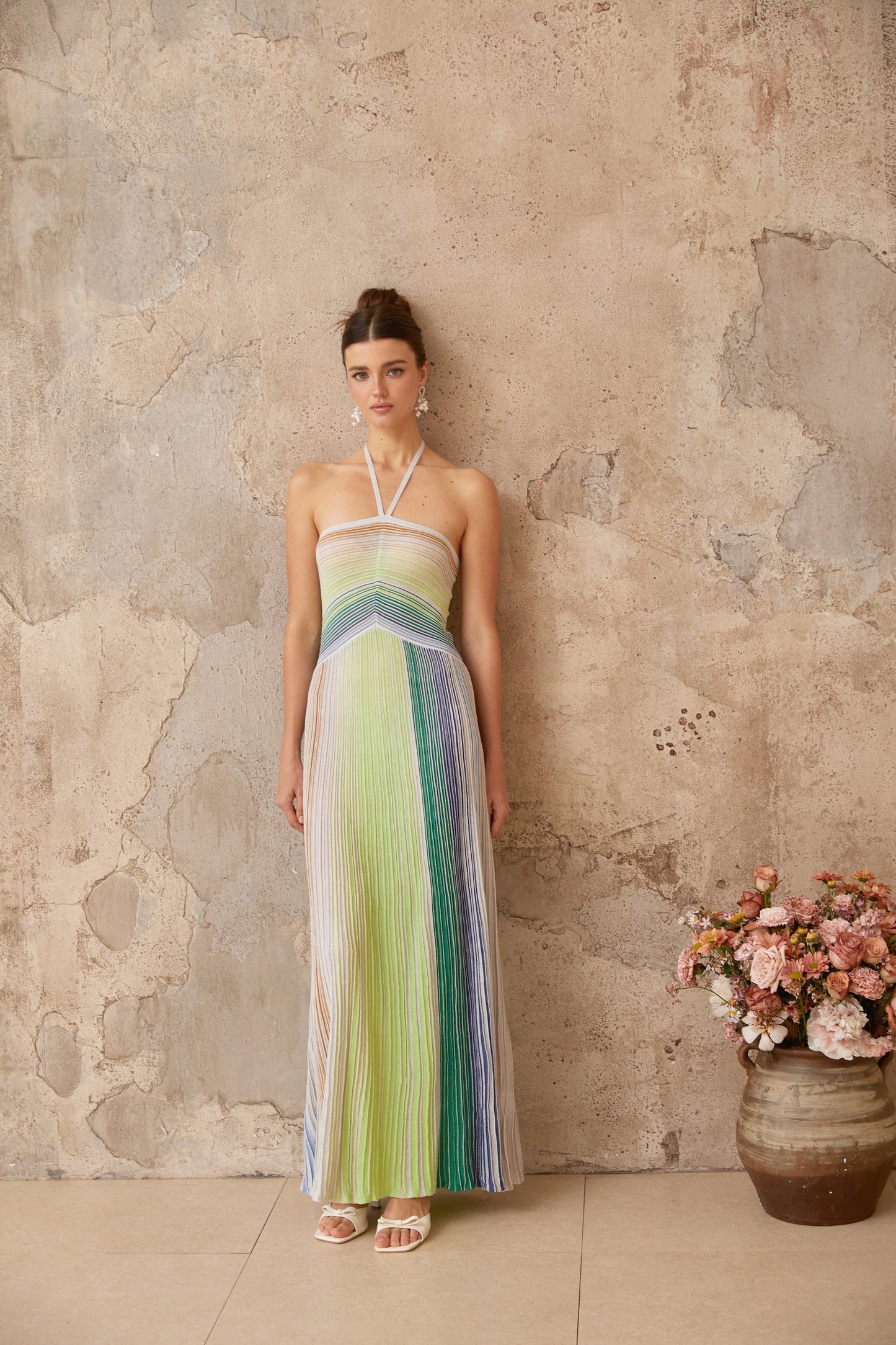 Multicolored Metallic Knit Halterneck Maxi Dress