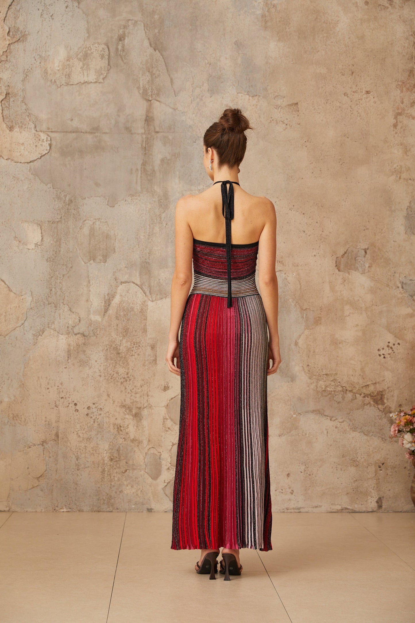 Multicolored Metallic Knit Halterneck Maxi Dress