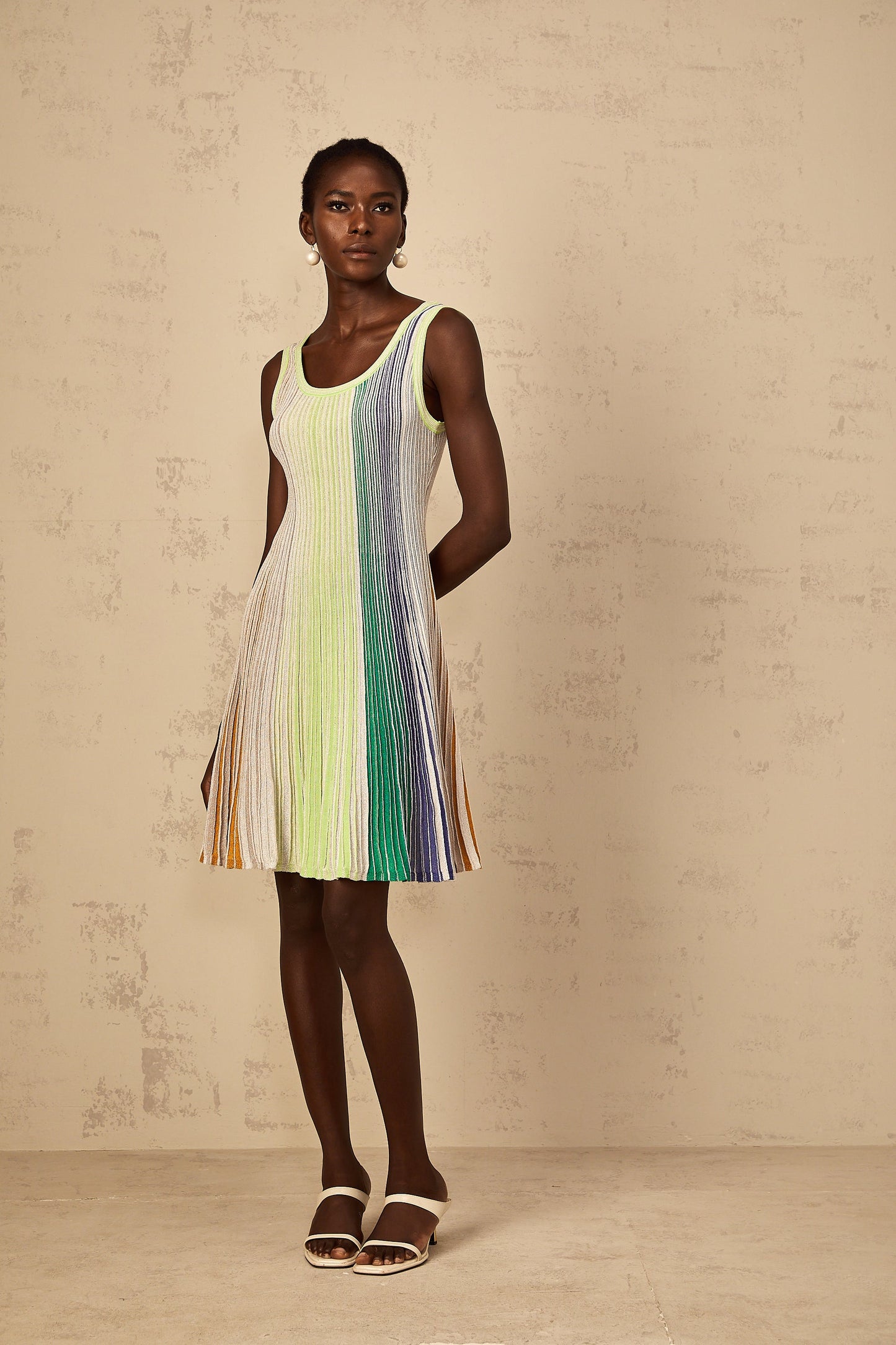 Multicolored Metallic Striped Knit Mini Dress