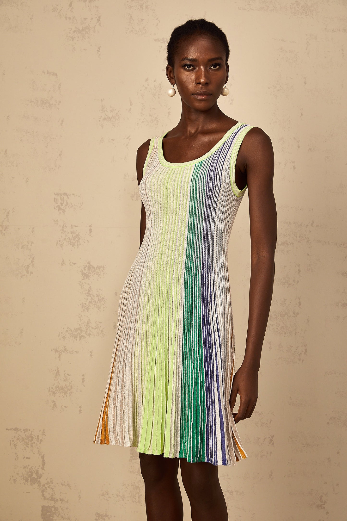 Multicolored Metallic Striped Knit Mini Dress
