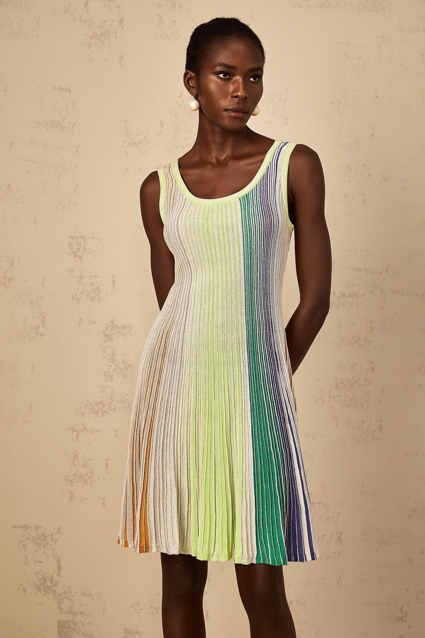 Multicolored Metallic Striped Knit Mini Dress