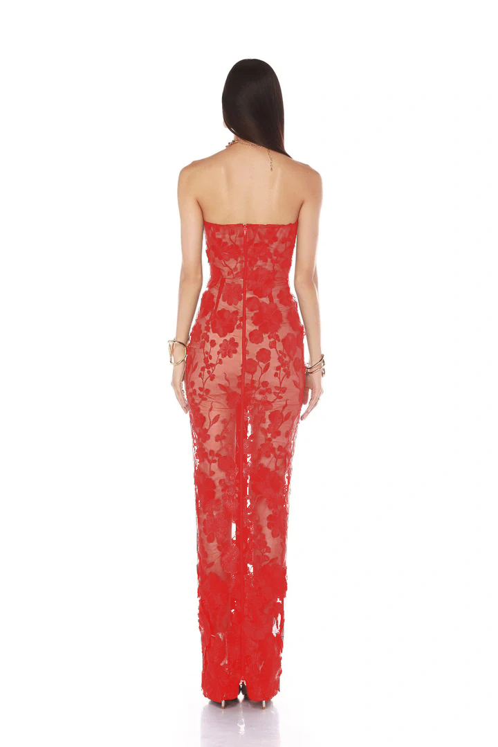 Floral embroidered strapless gown