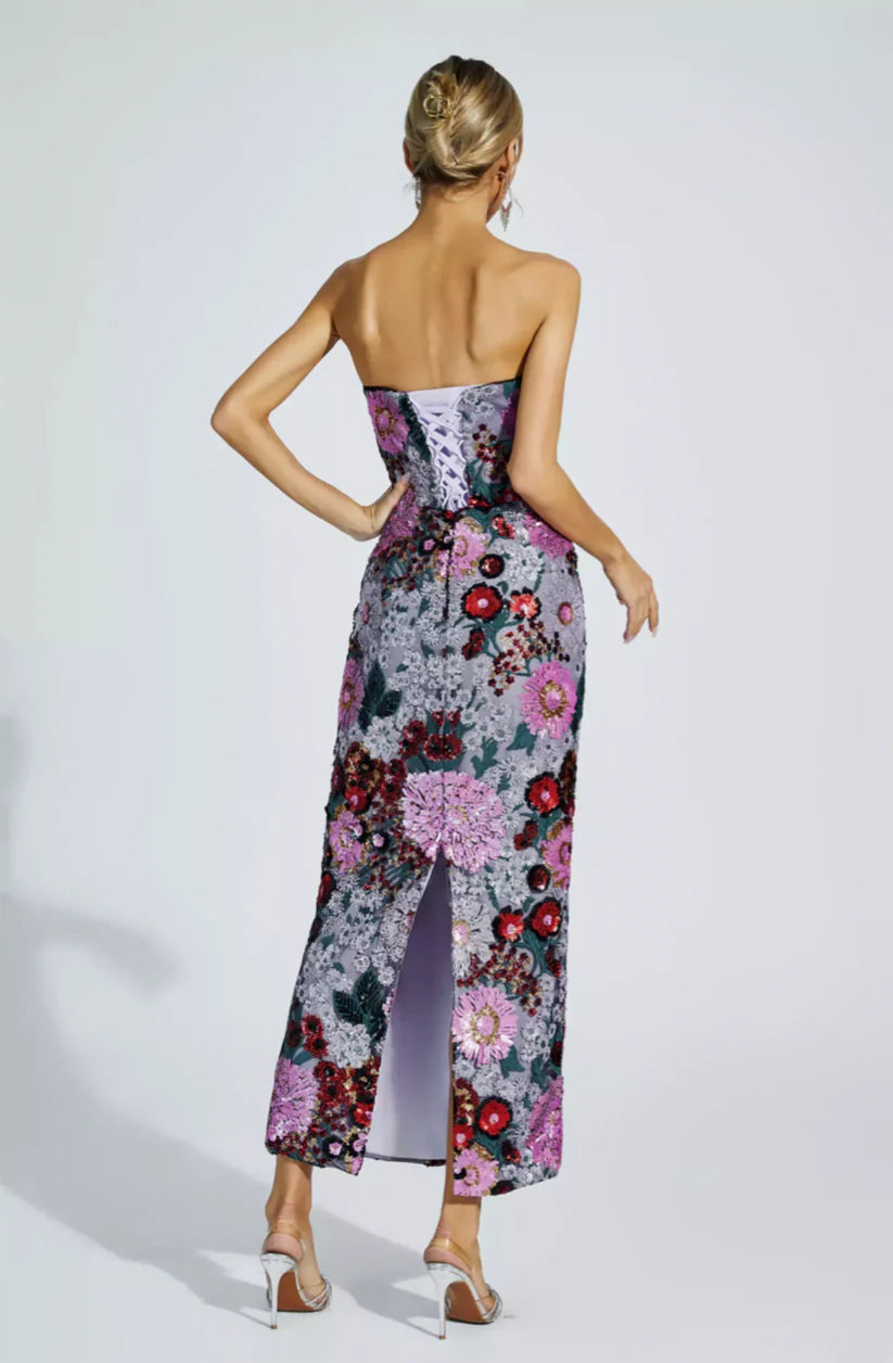 Celebrity Floral Pattern Bubble Sleeve Midi Dress