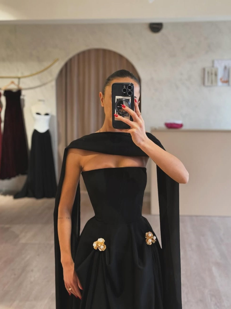 Flower Pearl Embellished Cape Dress