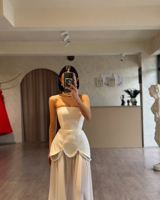 YS-Strapless Pearl Embellishments Maxi Dress