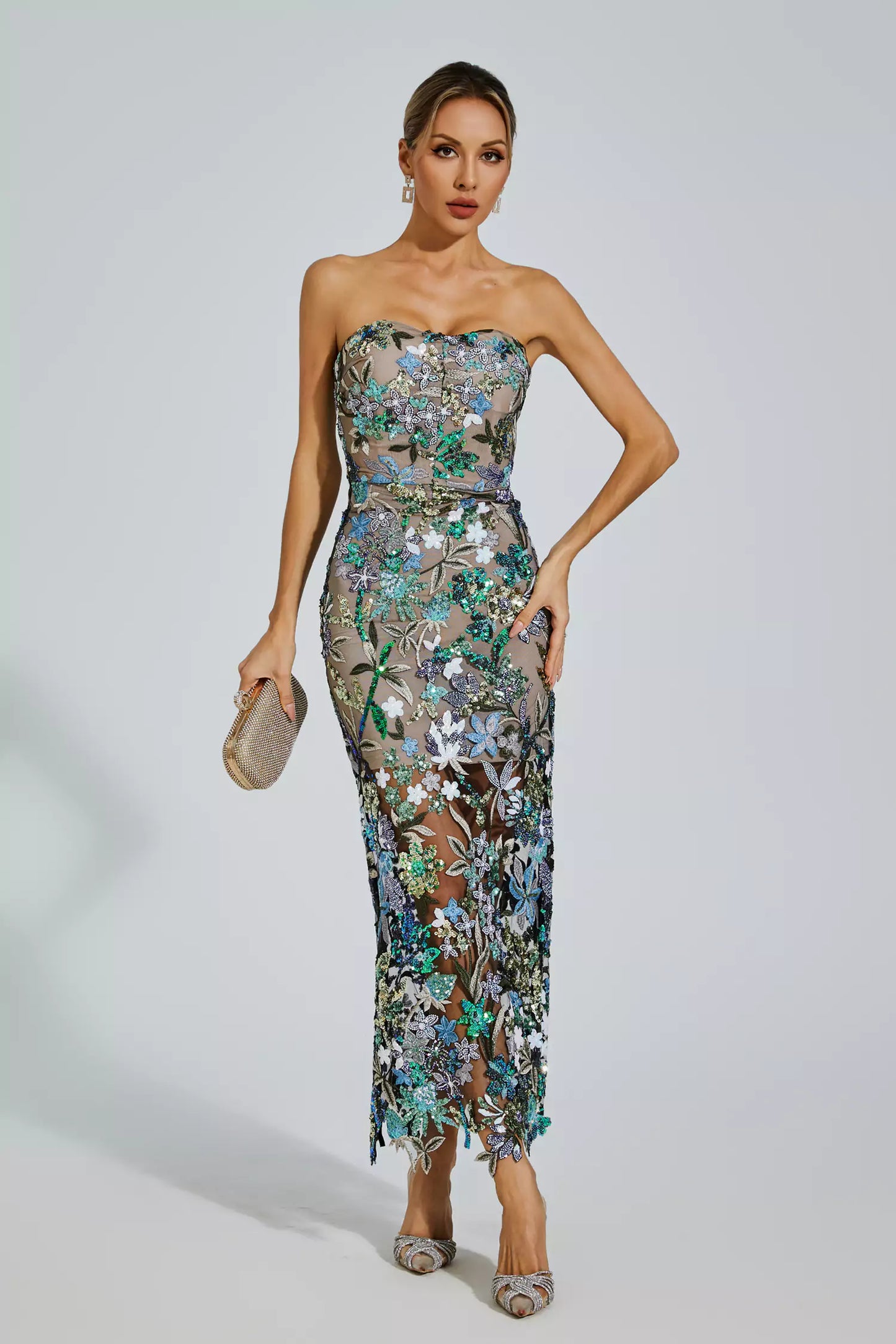 Floral Embroidered Strapless Maxi Dress