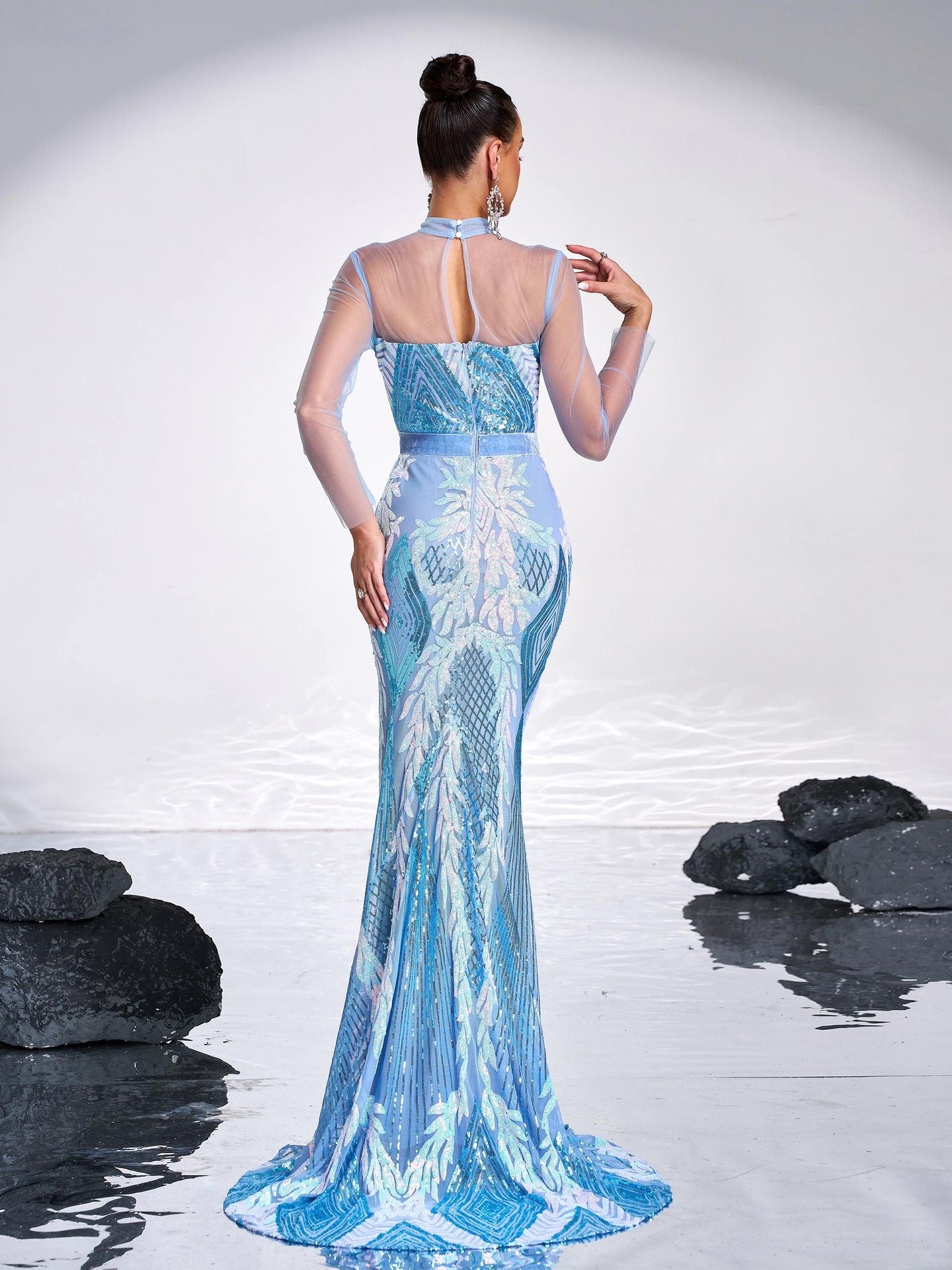 Round Neck Sheer Sequin Evening Gown Maxi Dress