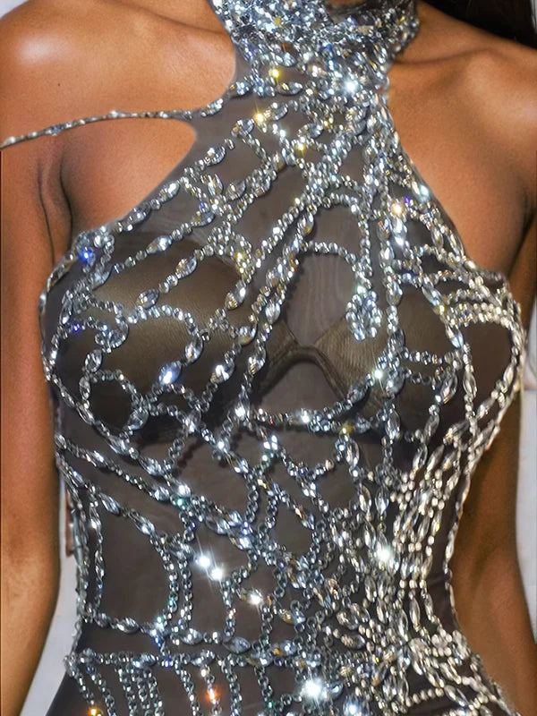 Sheer Mesh Halter Neck Slim Jumpsuit