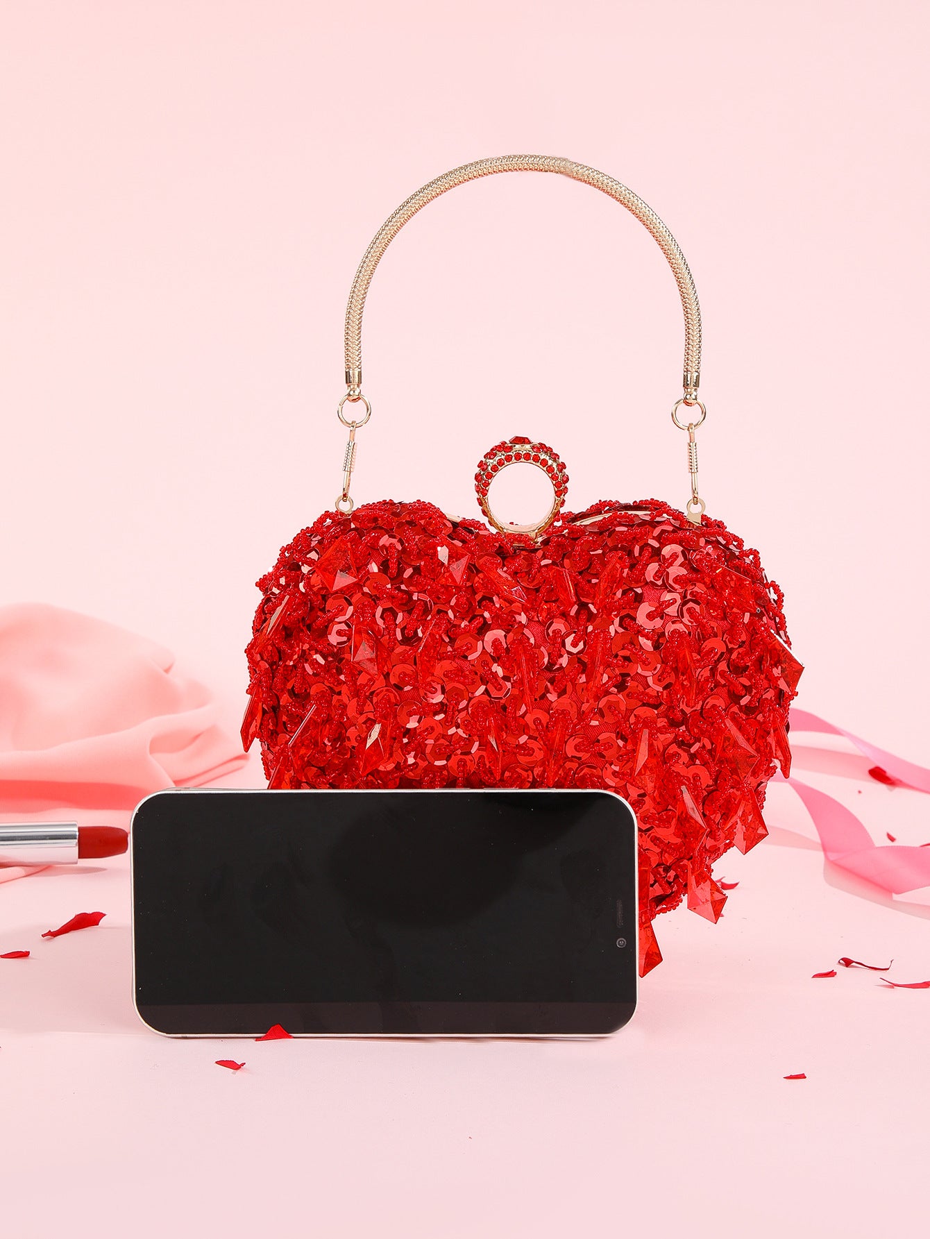 Embroidered Beaded Heart Shaped Evening Bag