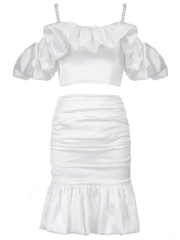 White Suspender Wrap Hip Skirt Two Piece Set