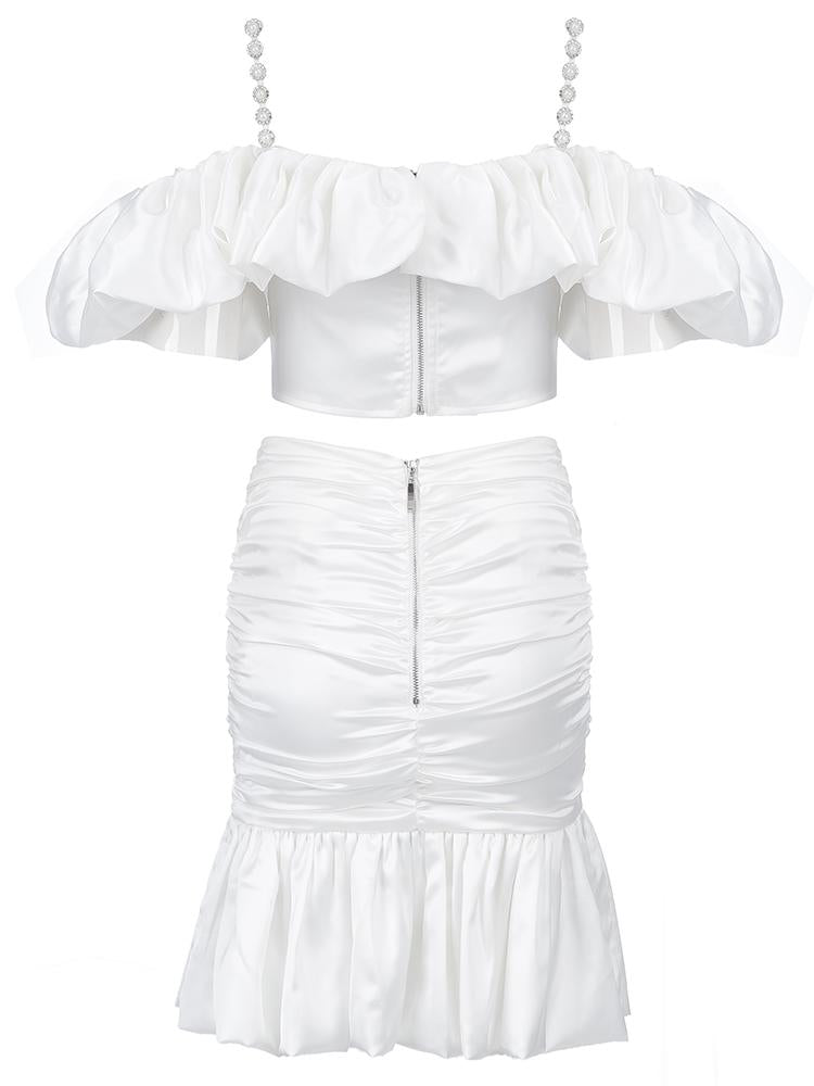 White Suspender Wrap Hip Skirt Two Piece Set