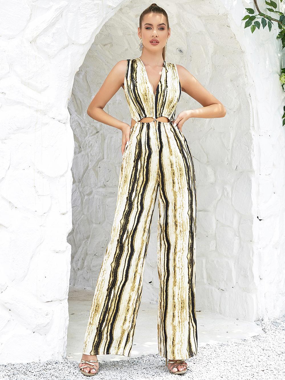 Suspender Spliced Hollow Out Striped Jumpsuit