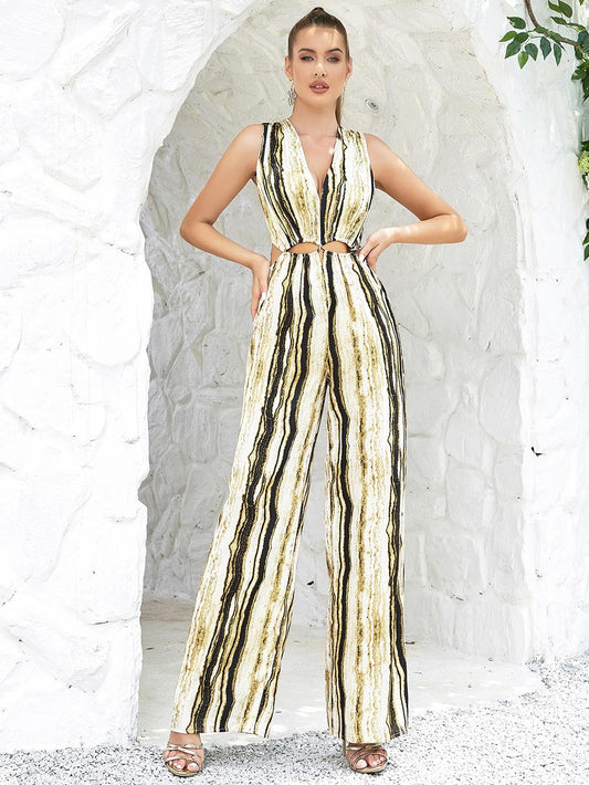 Suspender Spliced Hollow Out Striped Jumpsuit