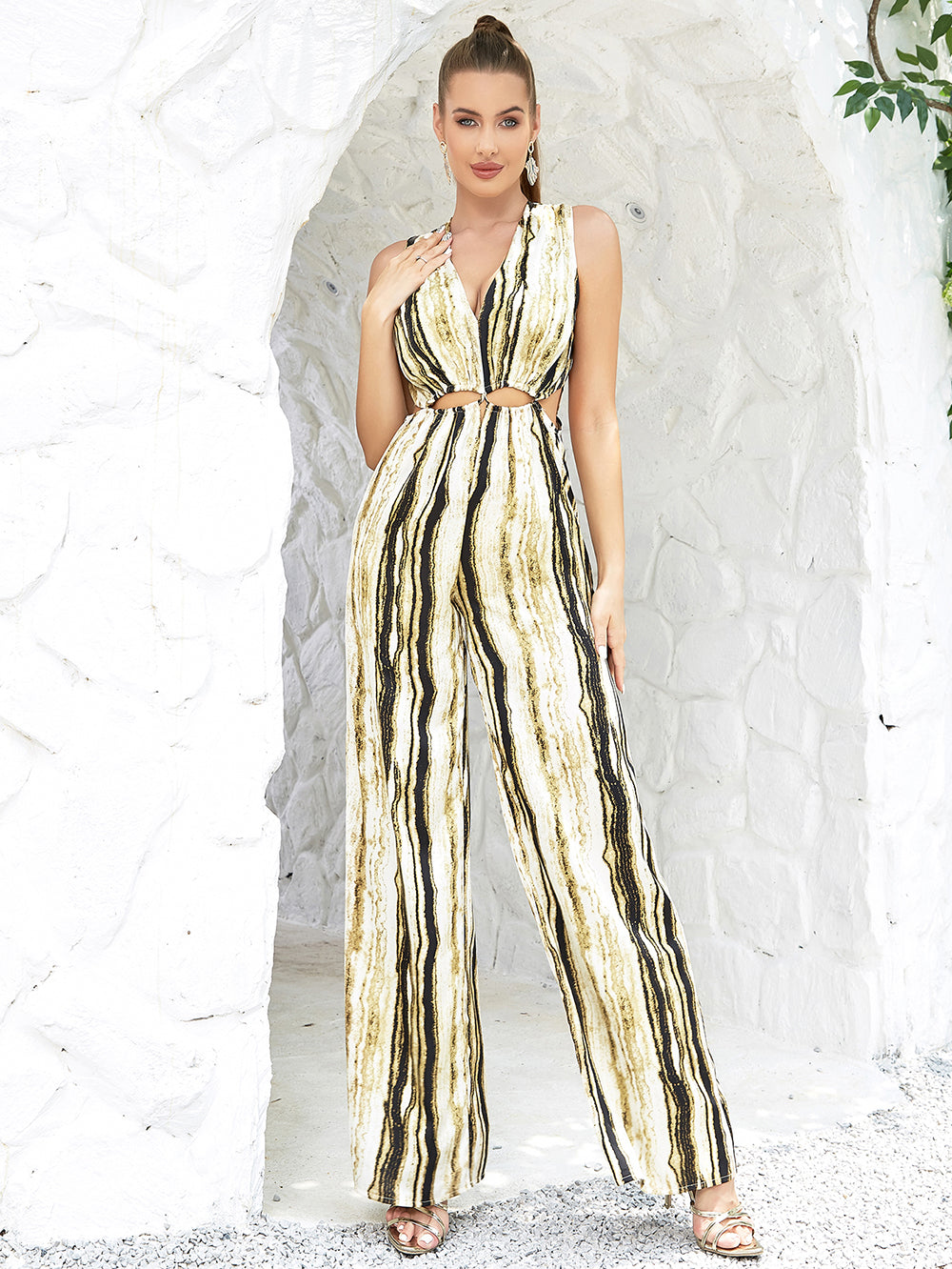 Suspender Spliced Hollow Out Striped Jumpsuit