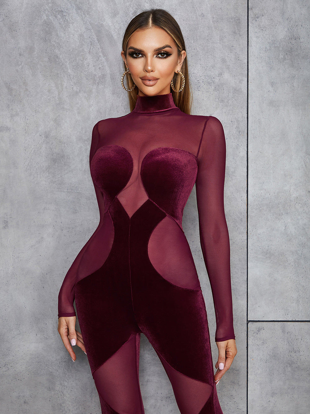 Sexy Round Neck Velvet Spliced Mesh Jumpsuit