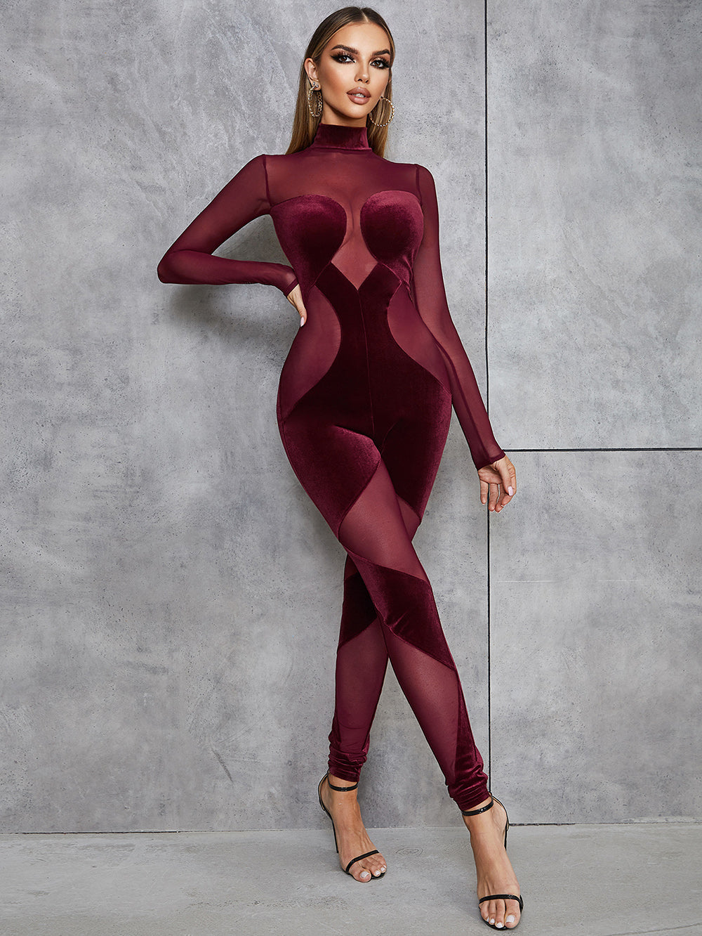 Sexy Round Neck Velvet Spliced Mesh Jumpsuit
