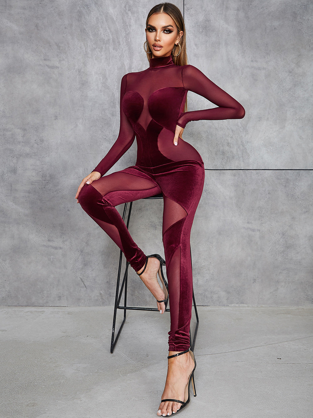Sexy Round Neck Velvet Spliced Mesh Jumpsuit