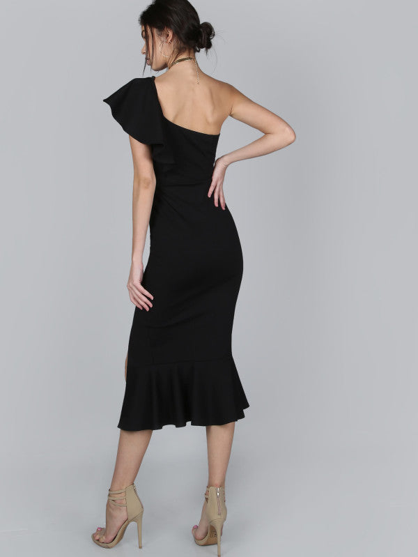 YS-One Shoulder Ruffled Mermaid Style Side Slit Gown