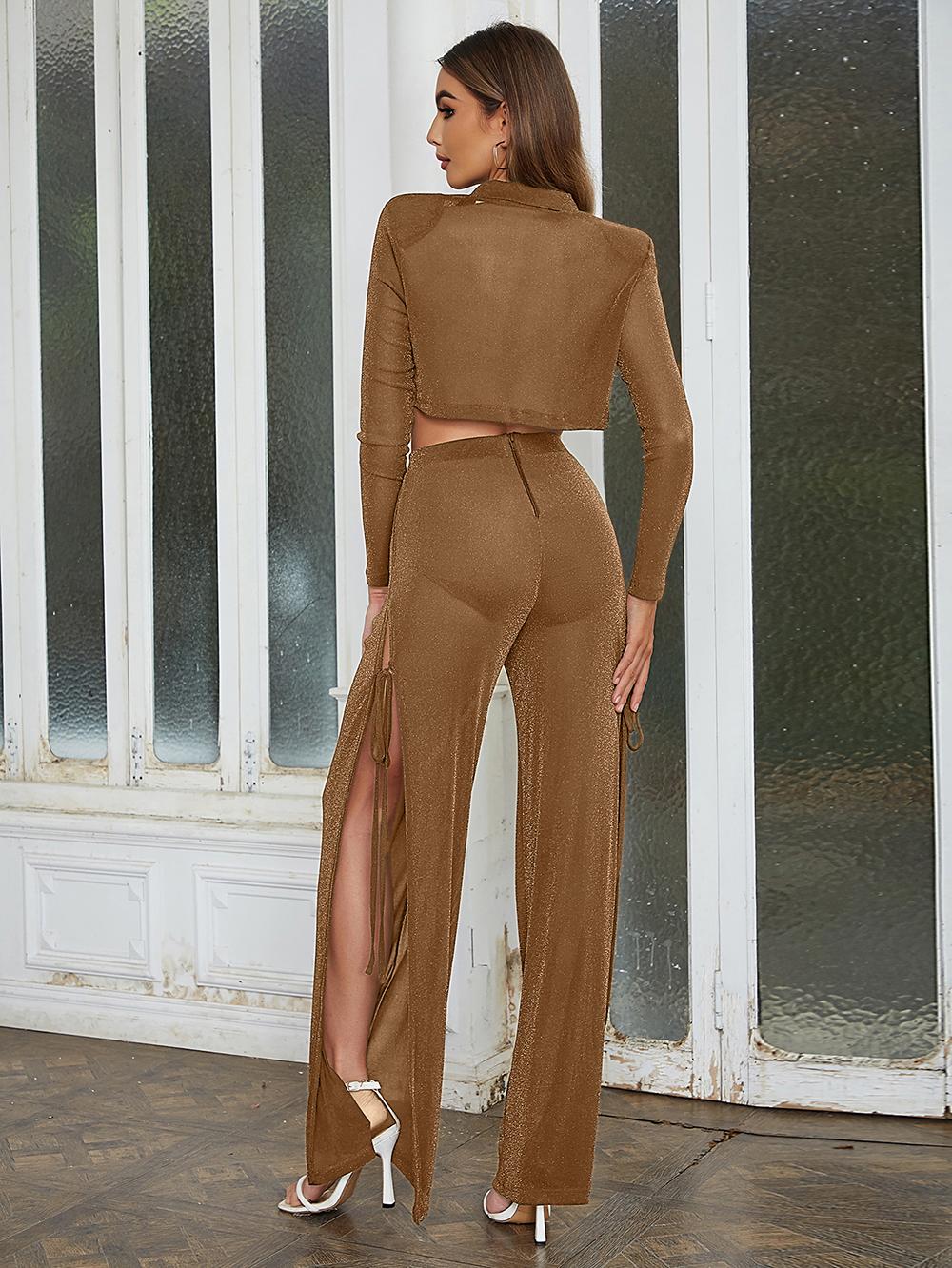 Strappy Top Split Wide Leg Pants Two Piece Set