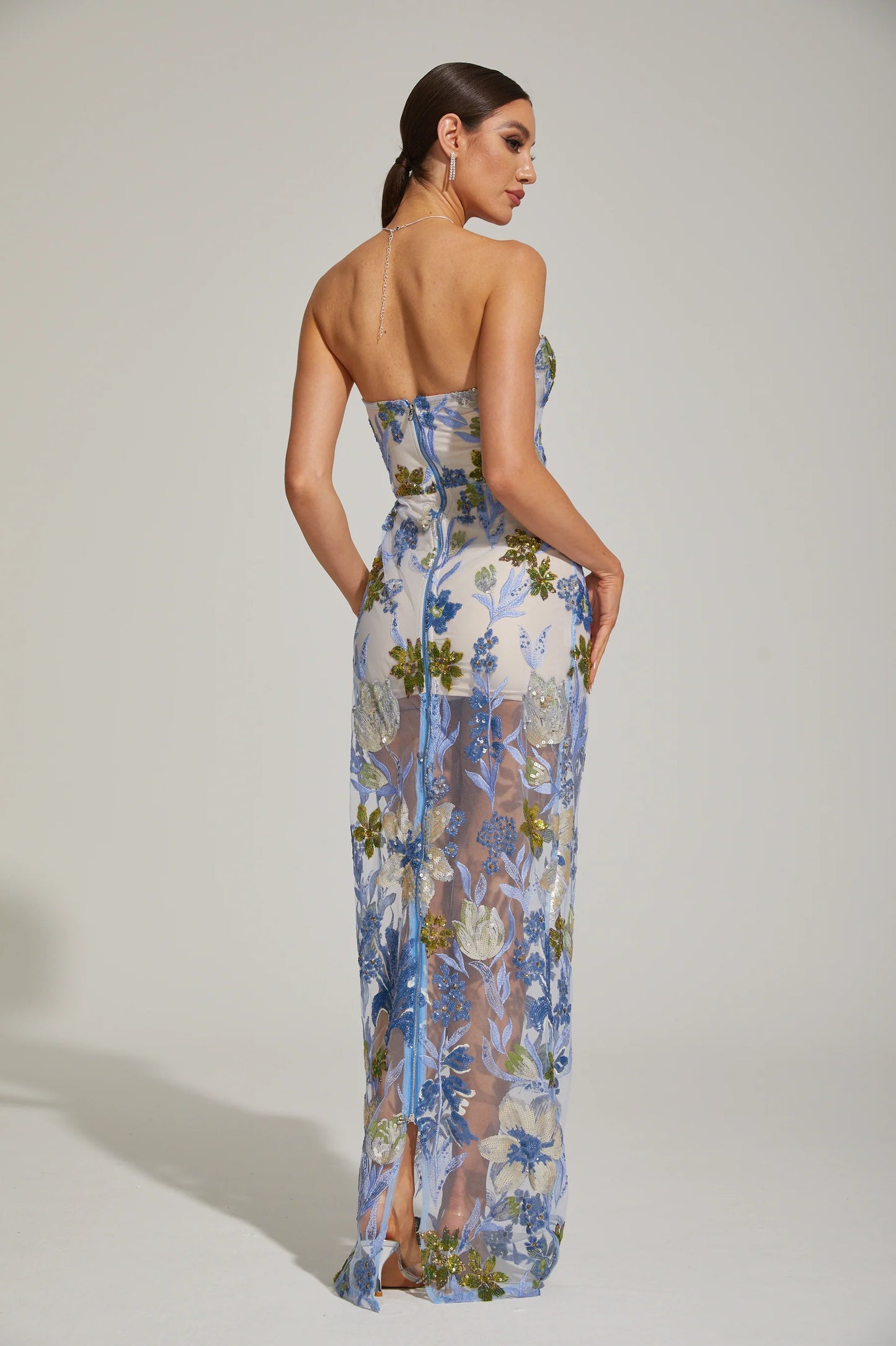 Floral Embroidered Strapless Maxi Dress