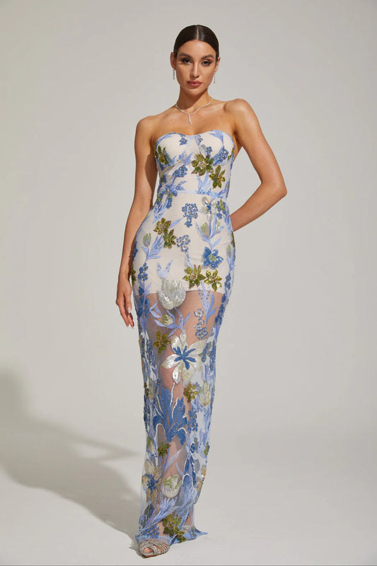 Floral Embroidered Strapless Maxi Dress