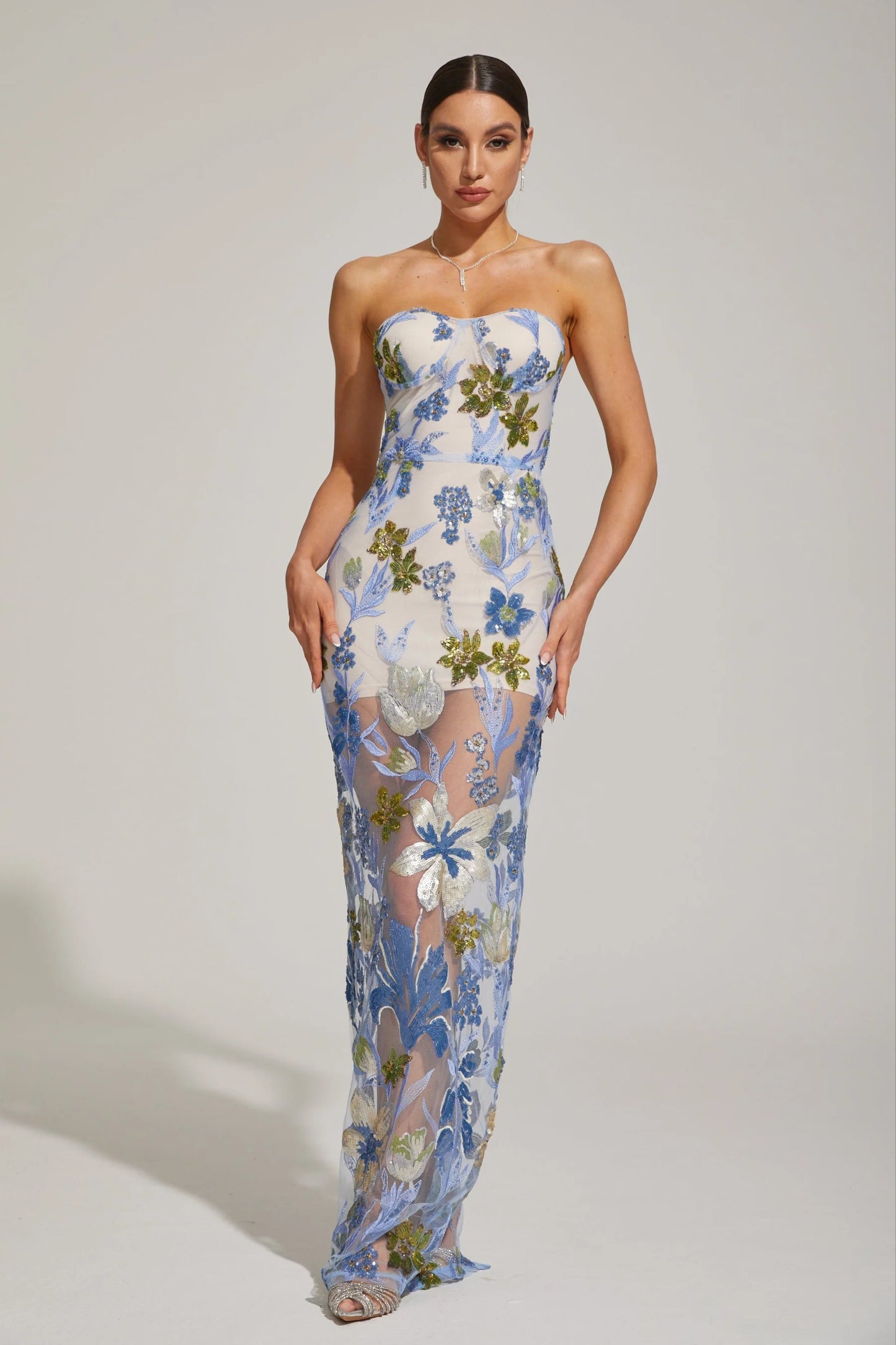 Floral Embroidered Strapless Maxi Dress