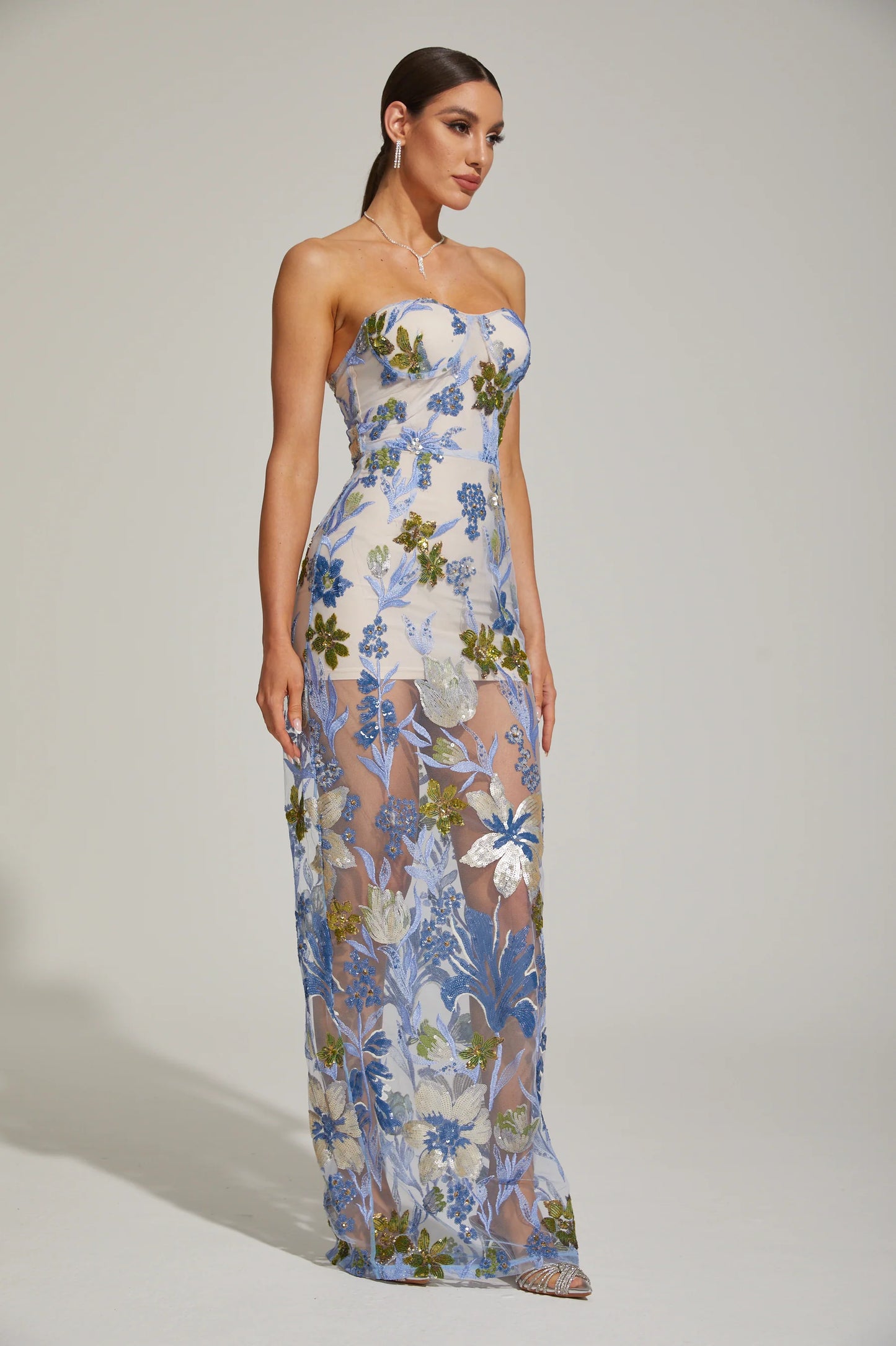 Floral Embroidered Strapless Maxi Dress
