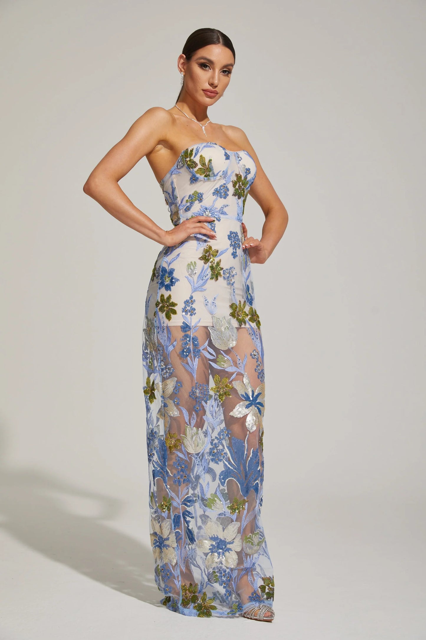 Floral Embroidered Strapless Maxi Dress