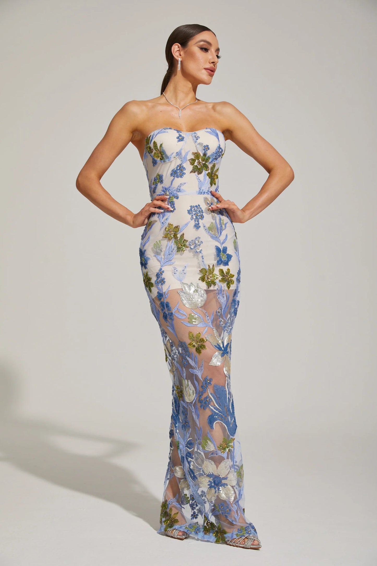 Floral Embroidered Strapless Maxi Dress