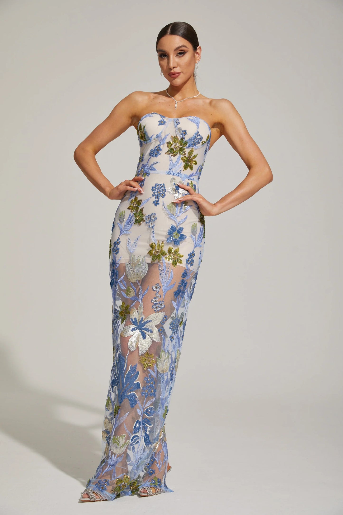 Floral Embroidered Strapless Maxi Dress
