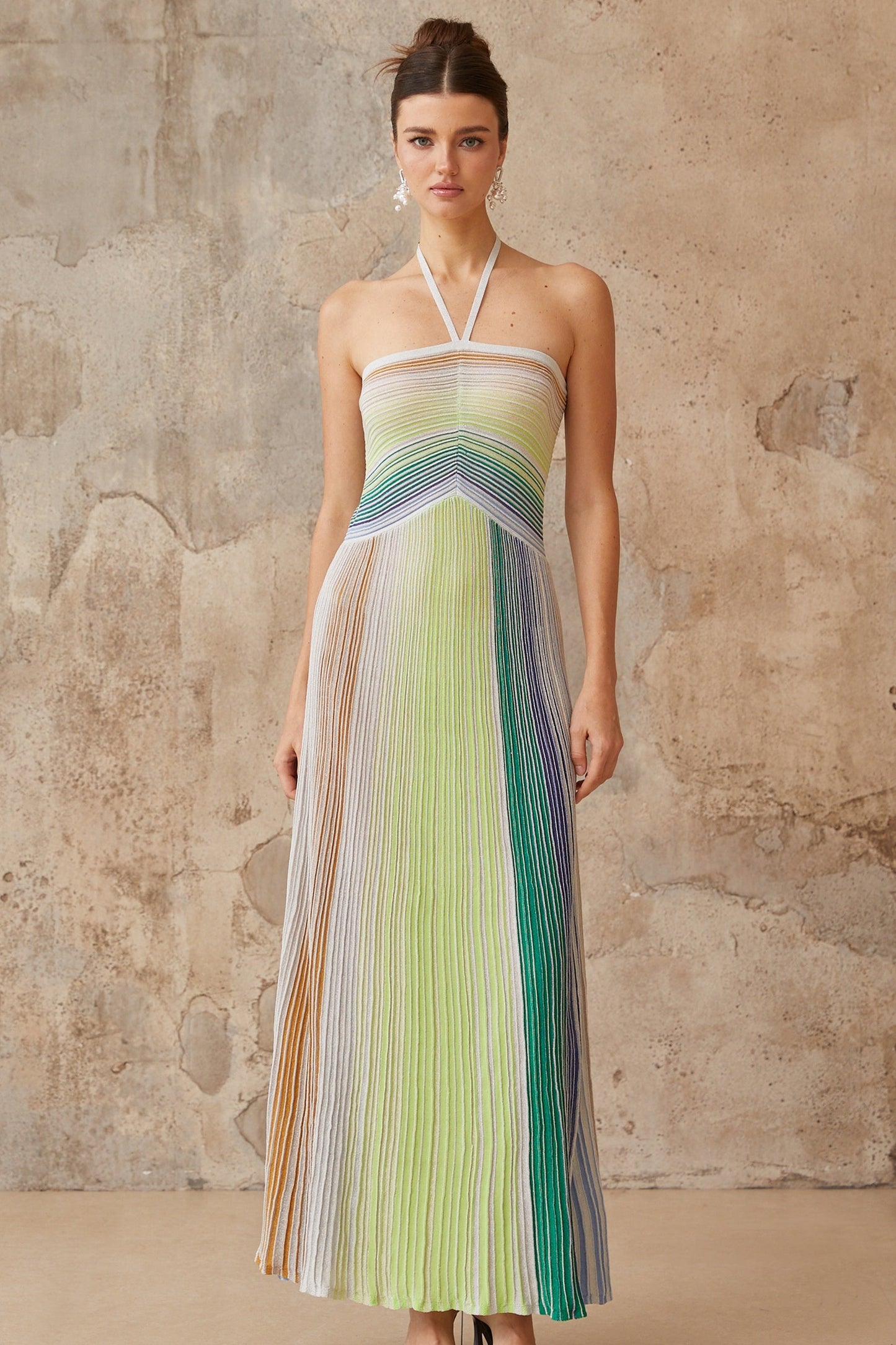 Multicolored Metallic Knit Halterneck Maxi Dress