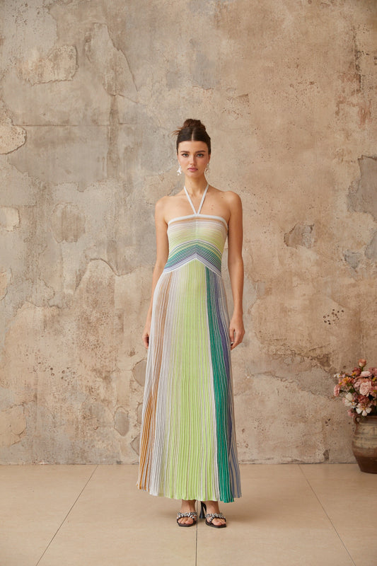 Multicolored Metallic Knit Halterneck Maxi Dress