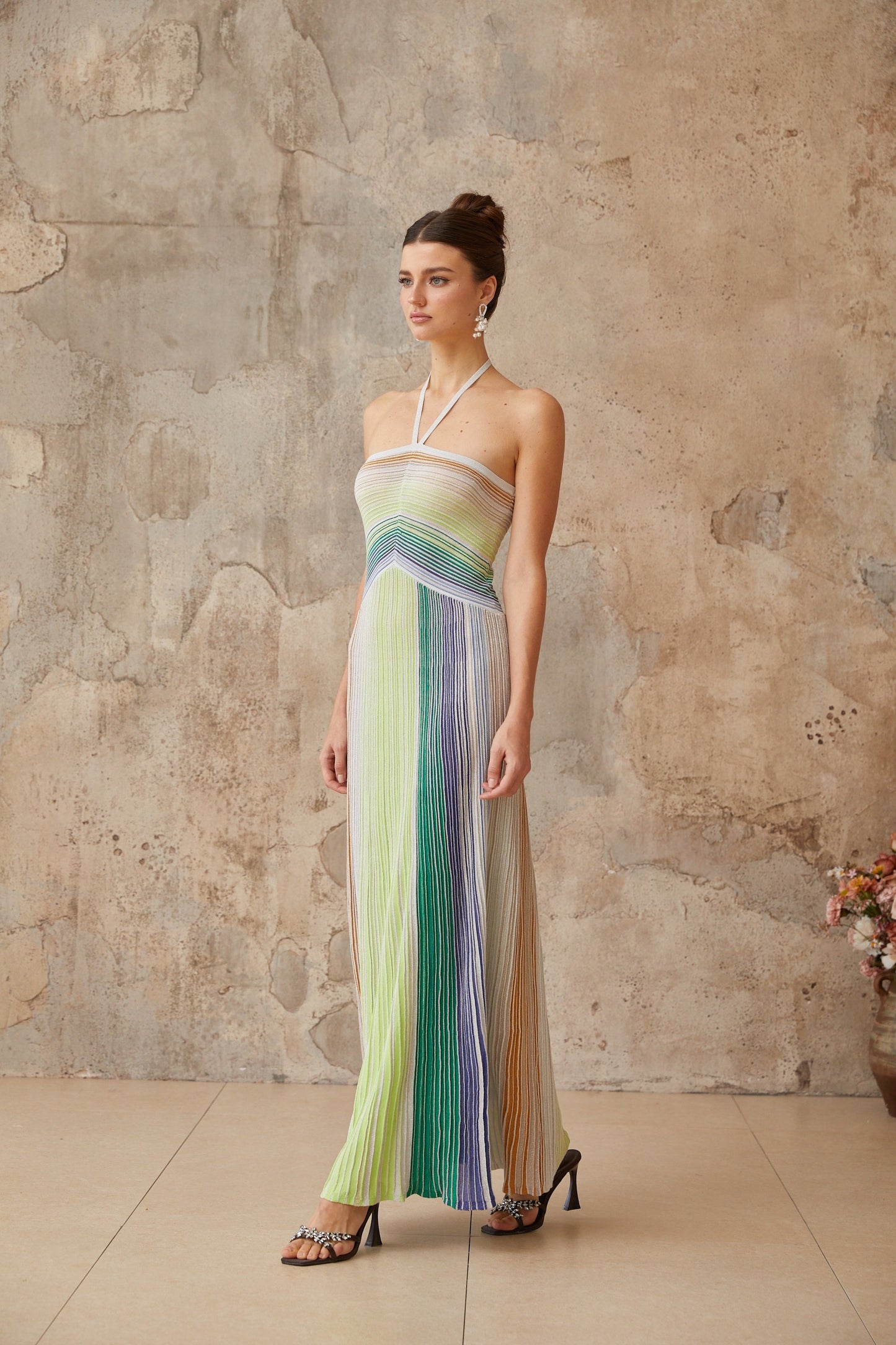 Multicolored Metallic Knit Halterneck Maxi Dress