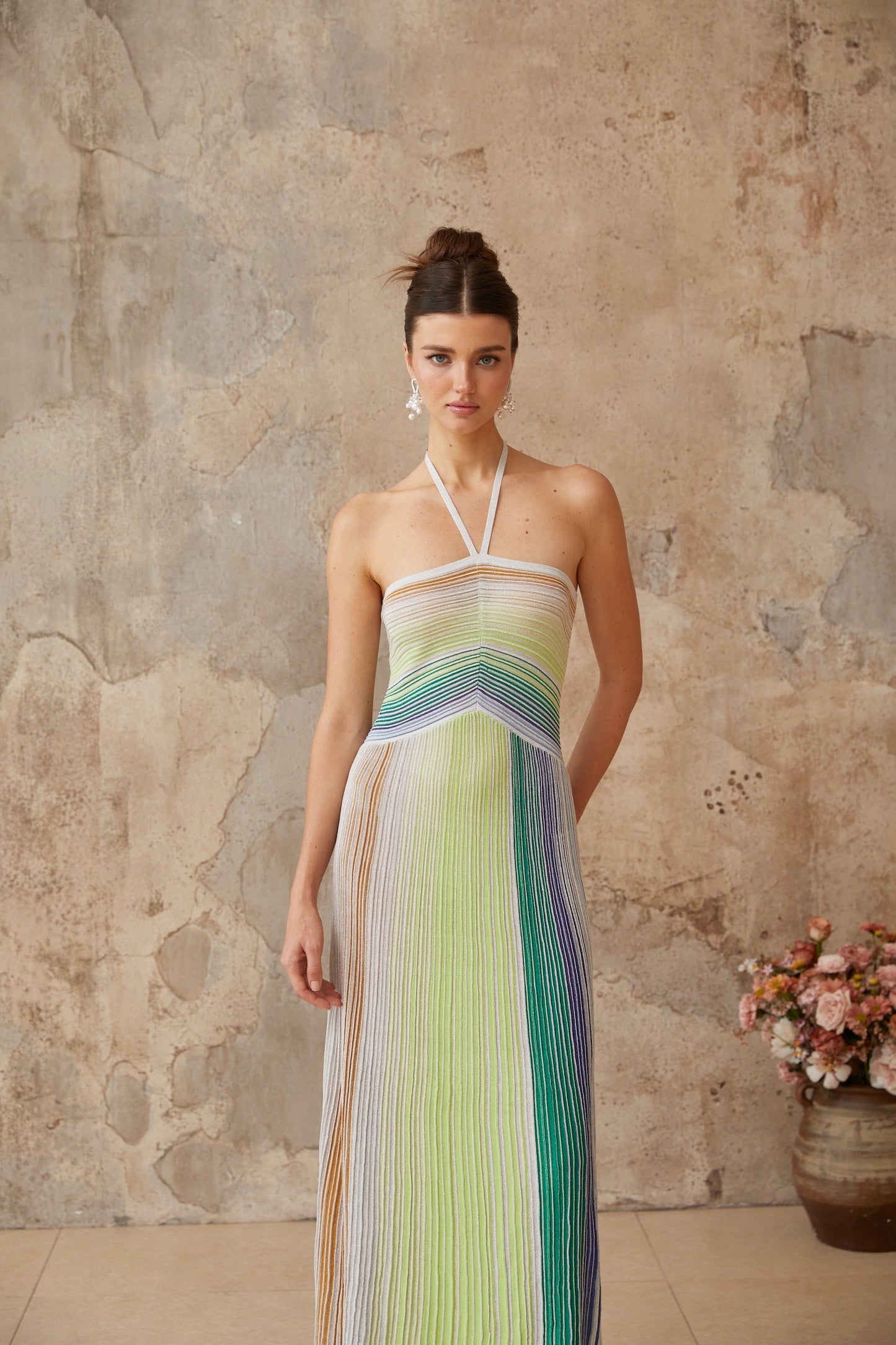 Multicolored Metallic Knit Halterneck Maxi Dress