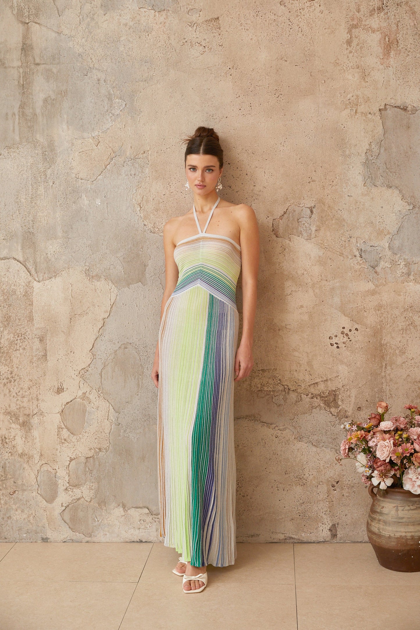 Multicolored Metallic Knit Halterneck Maxi Dress