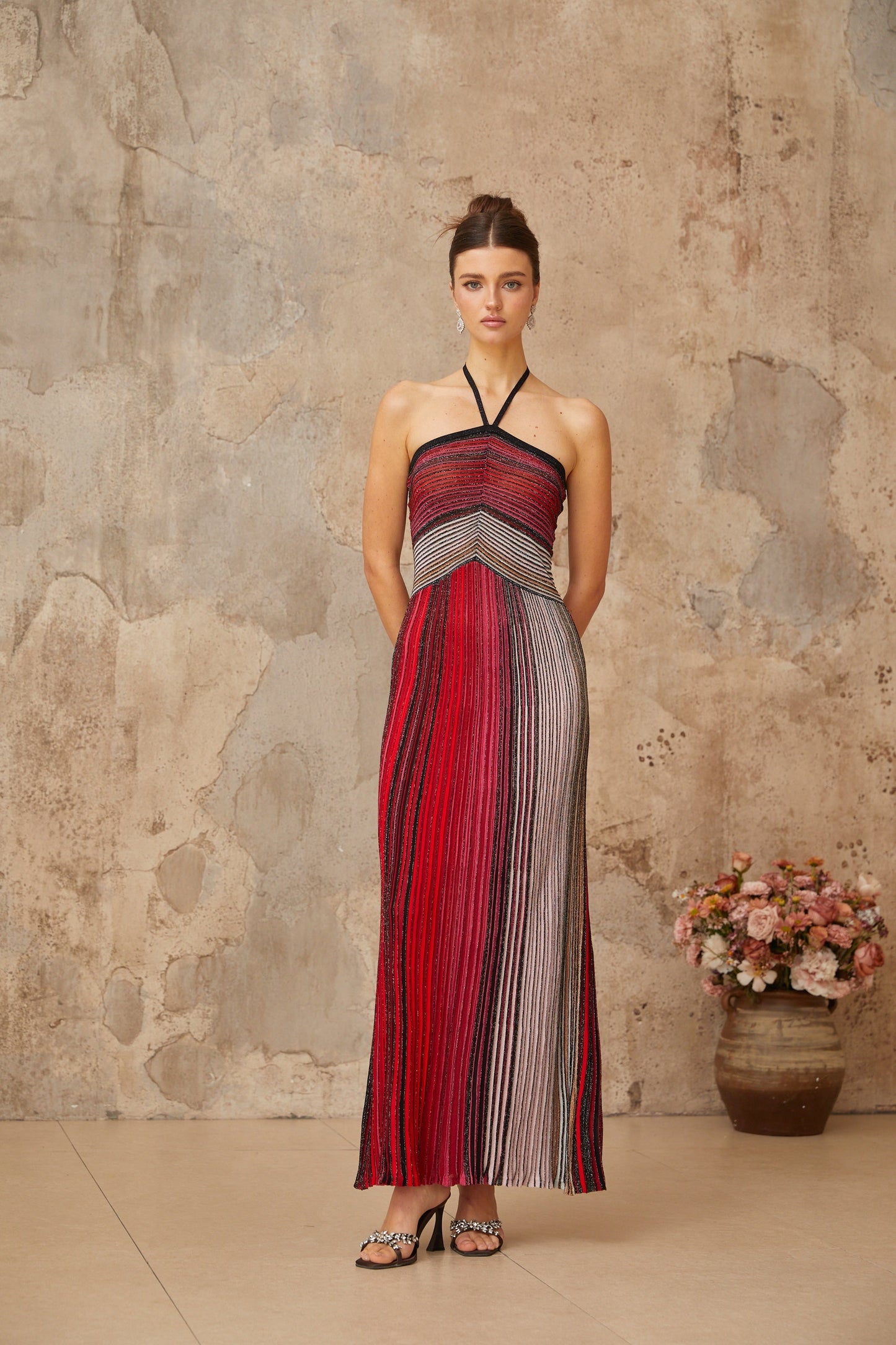 Multicolored Metallic Knit Halterneck Maxi Dress