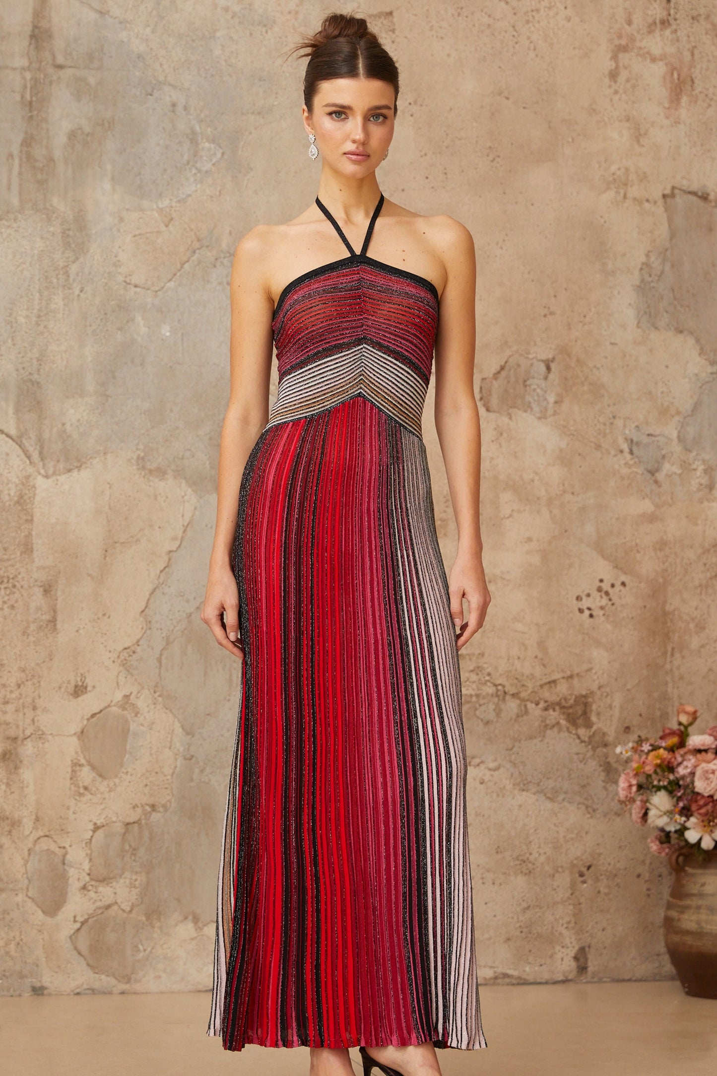 Multicolored Metallic Knit Halterneck Maxi Dress