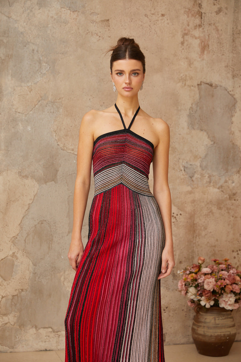 Multicolored Metallic Knit Halterneck Maxi Dress