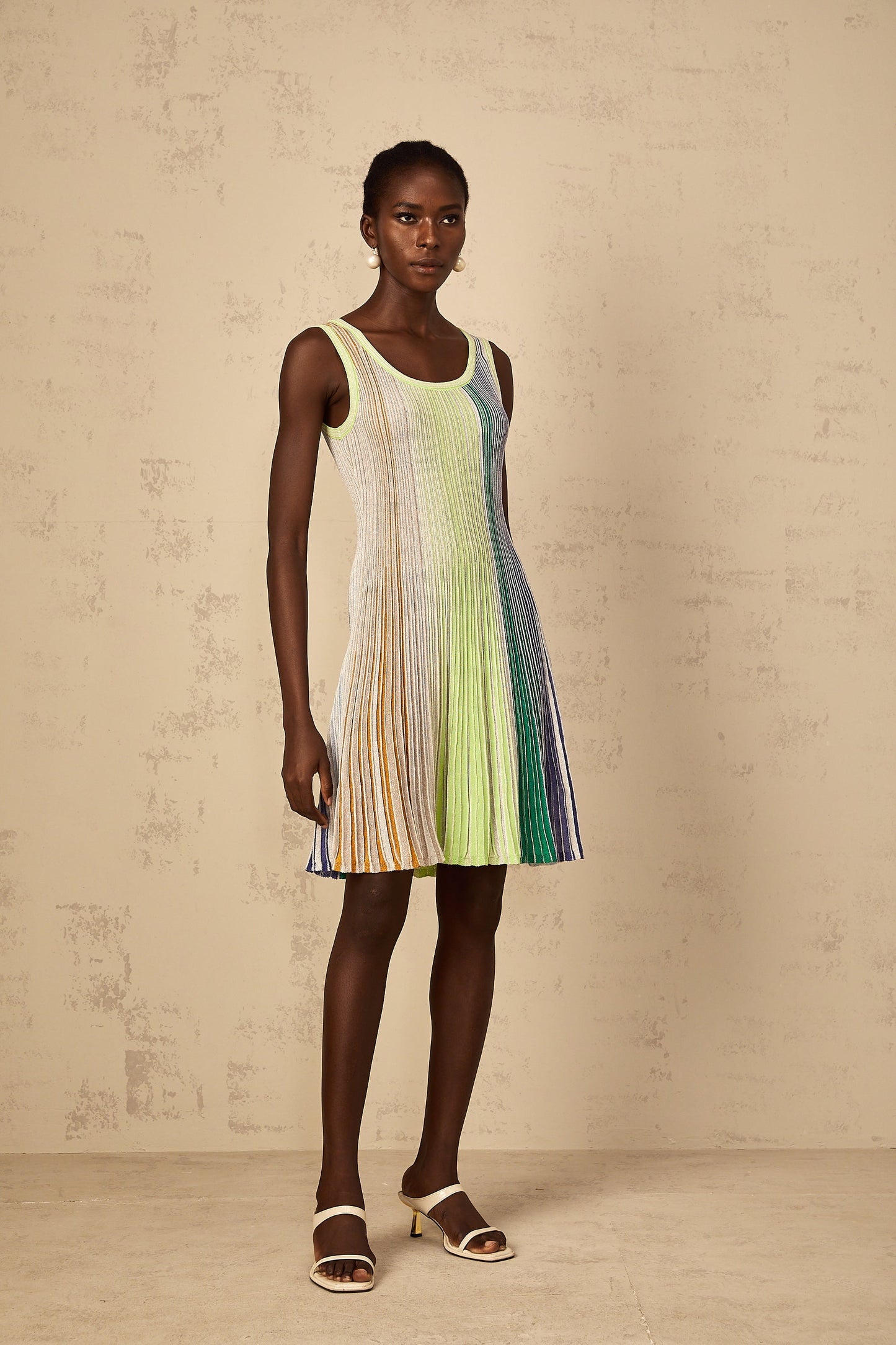 Multicolored Metallic Striped Knit Mini Dress