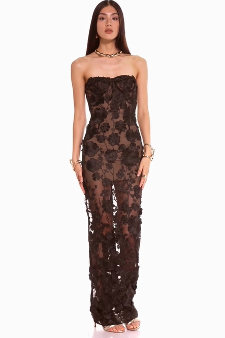 Floral embroidered strapless gown