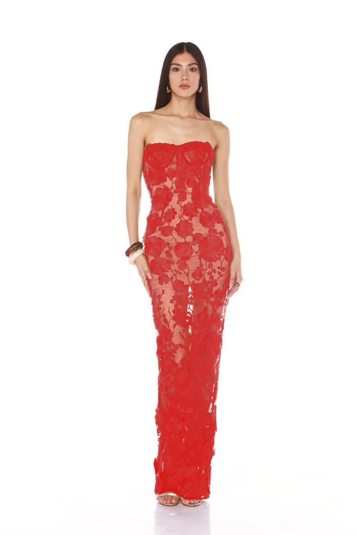 Floral embroidered strapless gown