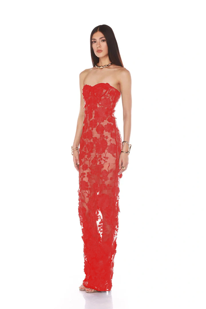 Floral embroidered strapless gown