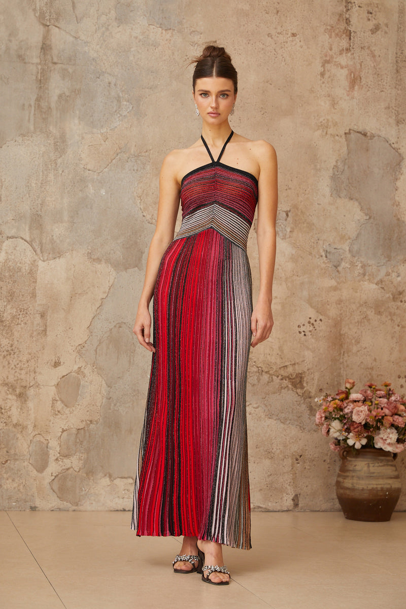 Multicolored Metallic Knit Halterneck Maxi Dress