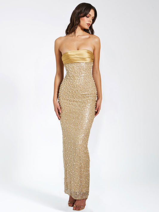 Gold Satin Sequin Pearls Beaded Maxi Dress